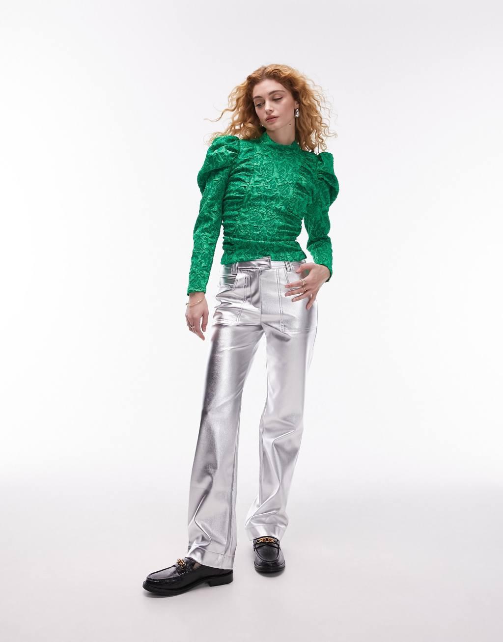 Topshop premium textured high neck top in green Product Image