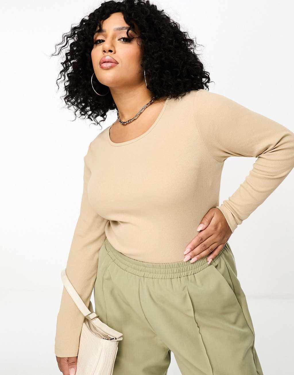 Yours long sleeve ribbed bodysuit in beige Product Image