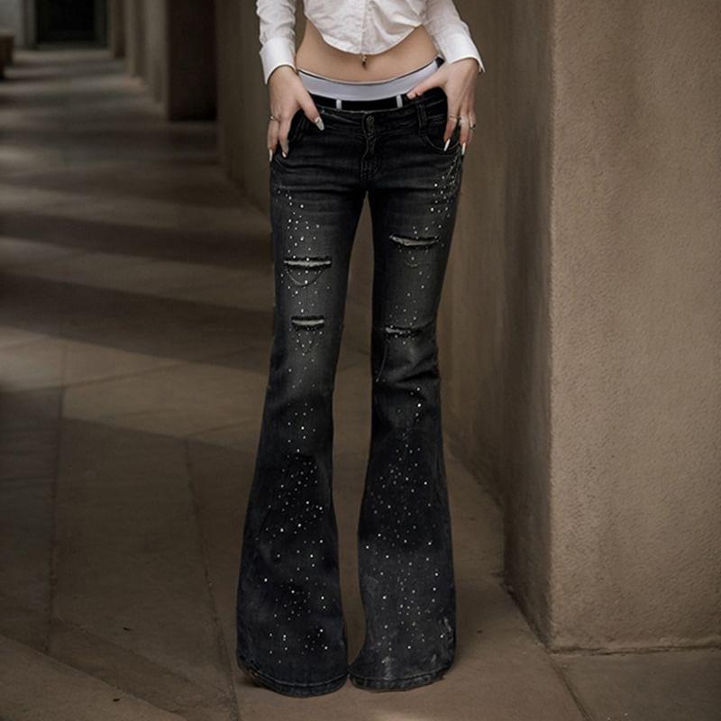 Low Rise Rhinestone Boot Cut Jeans Product Image