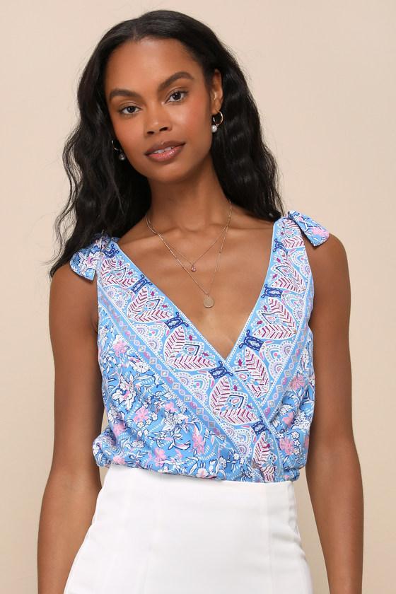 Always Blossoming Blue Multi Floral Print Tie-Strap Bodysuit Product Image