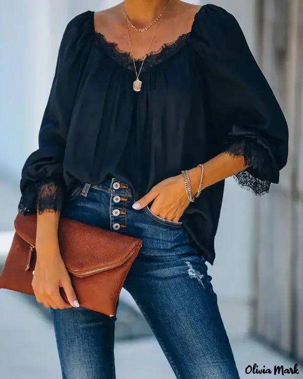 Olivia Mark – Stitched Lace Long Sleeve Blouse Product Image