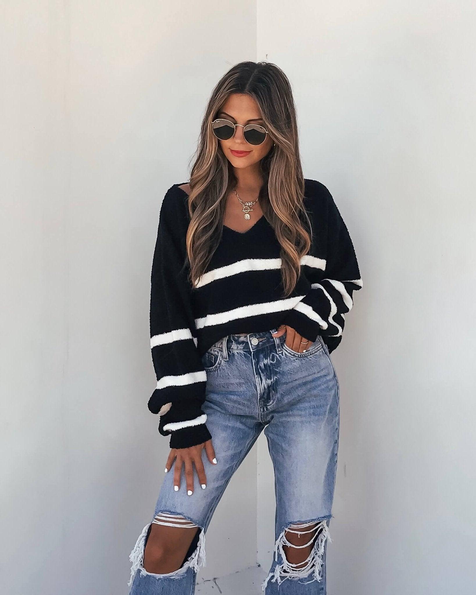 Black and White Striped V Neck Sweater Product Image