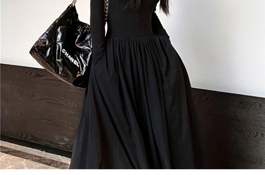 Long-Sleeve Crew Neck Plain Maxi A-Line Dress Product Image