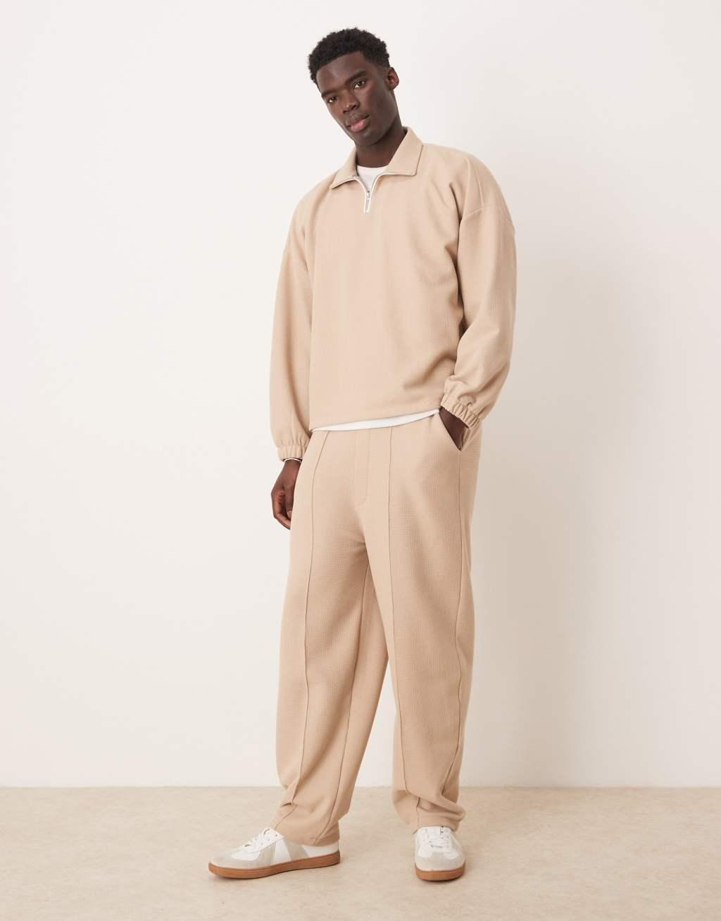 ASOS DESIGN super baggy sweatpants in waffle in beige - part of a set Product Image