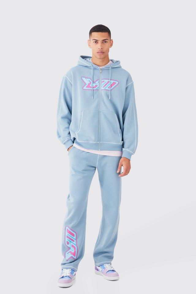 Mens Blue Oversized Contrast Stitch Heat Graphic Tracksuit, Blue Product Image