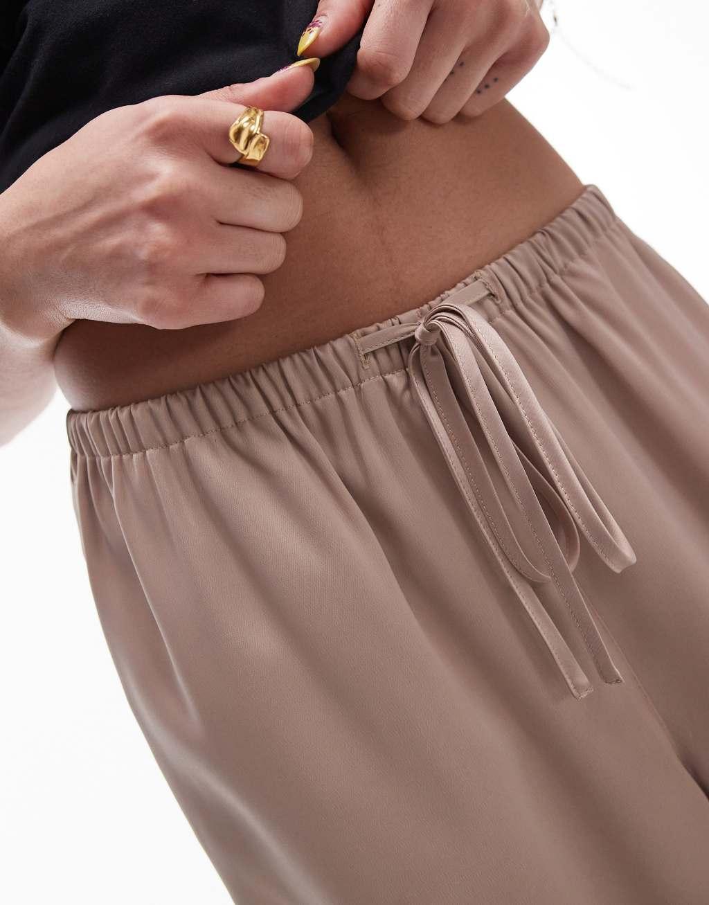 Topshop satin straight leg drawstring pants in taupe Product Image