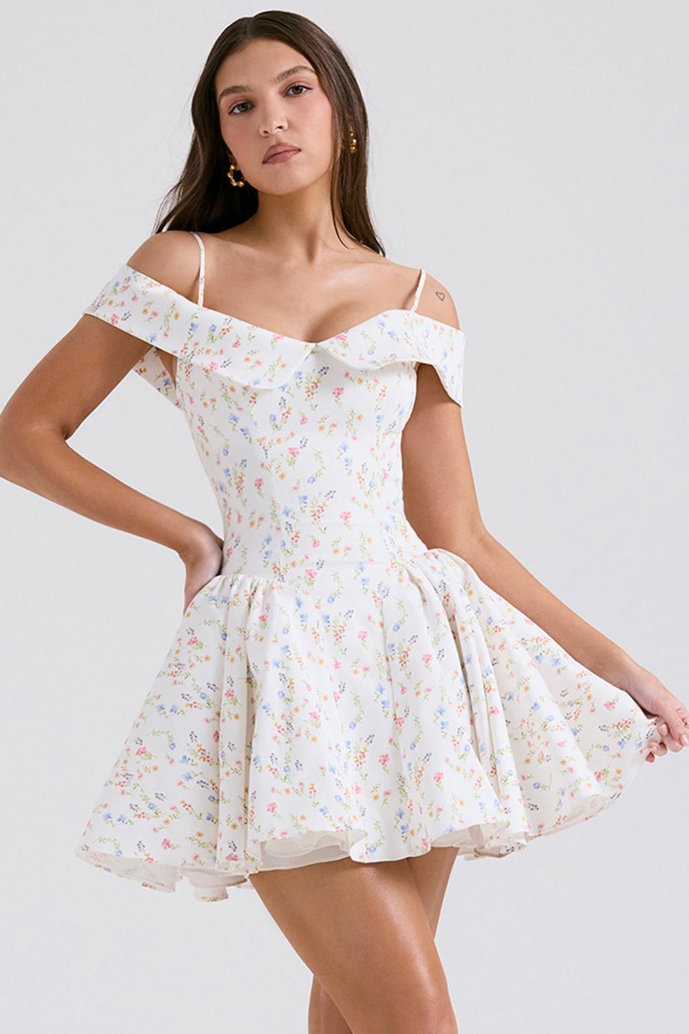 Elida White Posy Print Corset Mini Dress Product Image