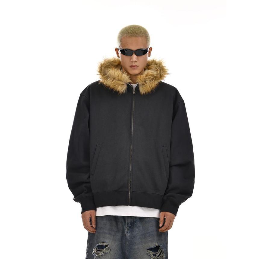 Plain Fluffy Trim Zip Hoodie Product Image