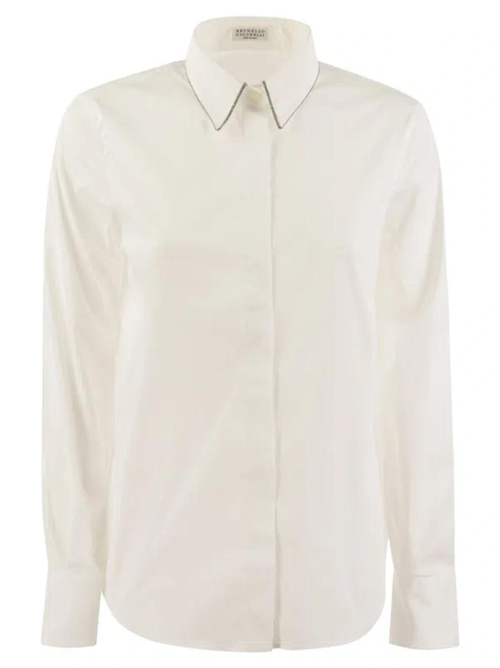 Stretch Cotton Poplin Shirt With Shiny Trim In White Product Image