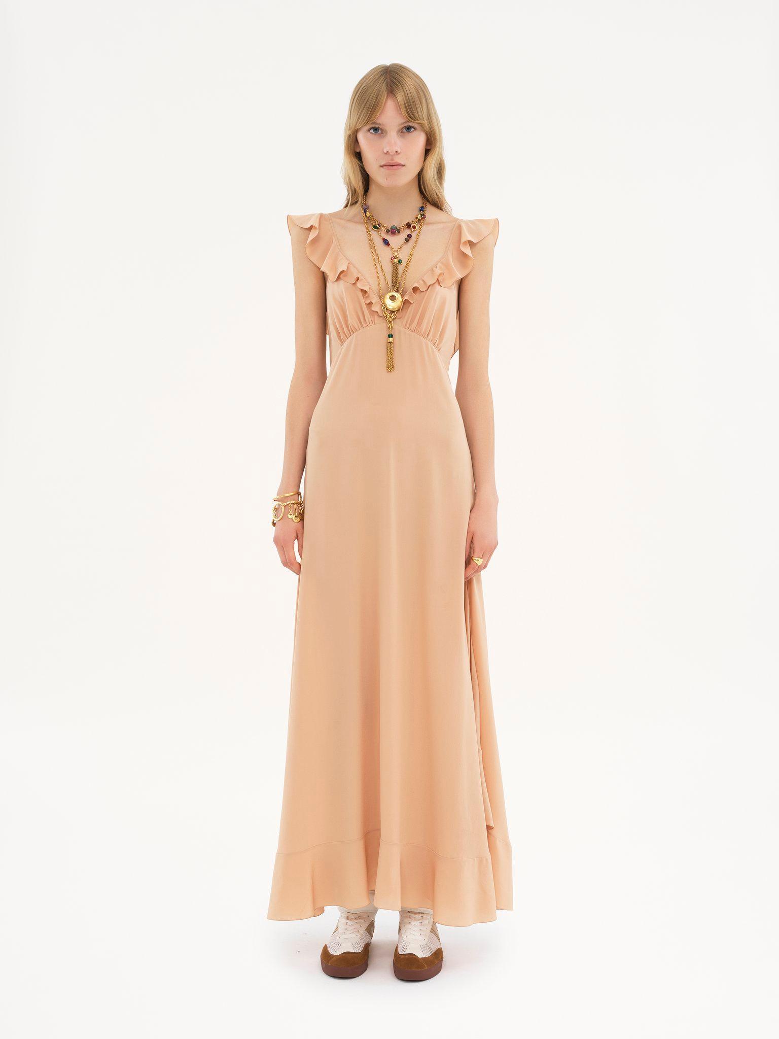 Long sun dress in crêpe de chine Product Image