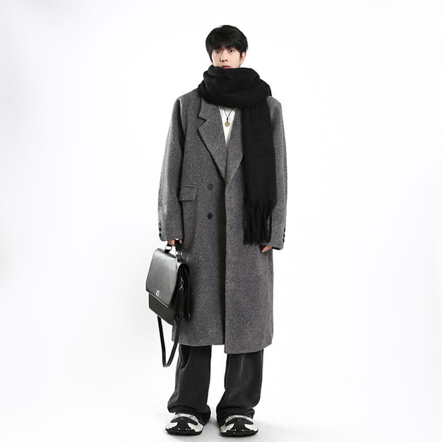 Notch Lapel Plain Double-Breasted Long Coat Product Image