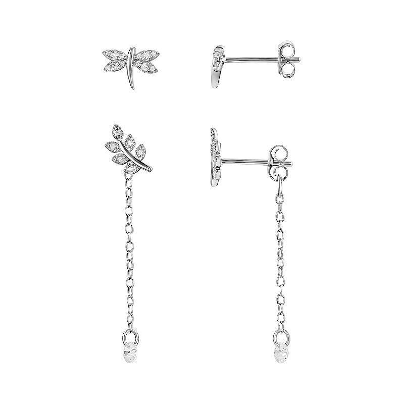 PRIMROSE Sterling Silver Cubic Zirconia Dragonfly Stud & Leaf Cable Chain Drop Earring Set, Womens Product Image