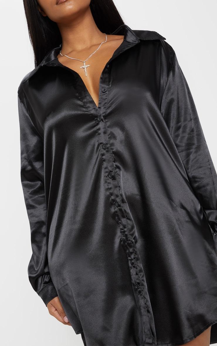 Plus Black Satin Button Front Shirt Dress Product Image