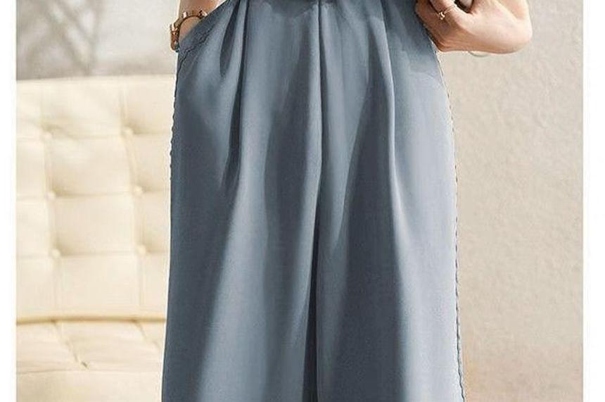 Set: Sleeveless Notch Neck Plain Wide Leg Jumpsuit + Belt Product Image