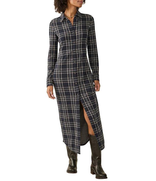 Faherty Legend Sweater Knit Plaid Print Point Collar Long Sleeve Button Front Shirttail Maxi Dress Product Image