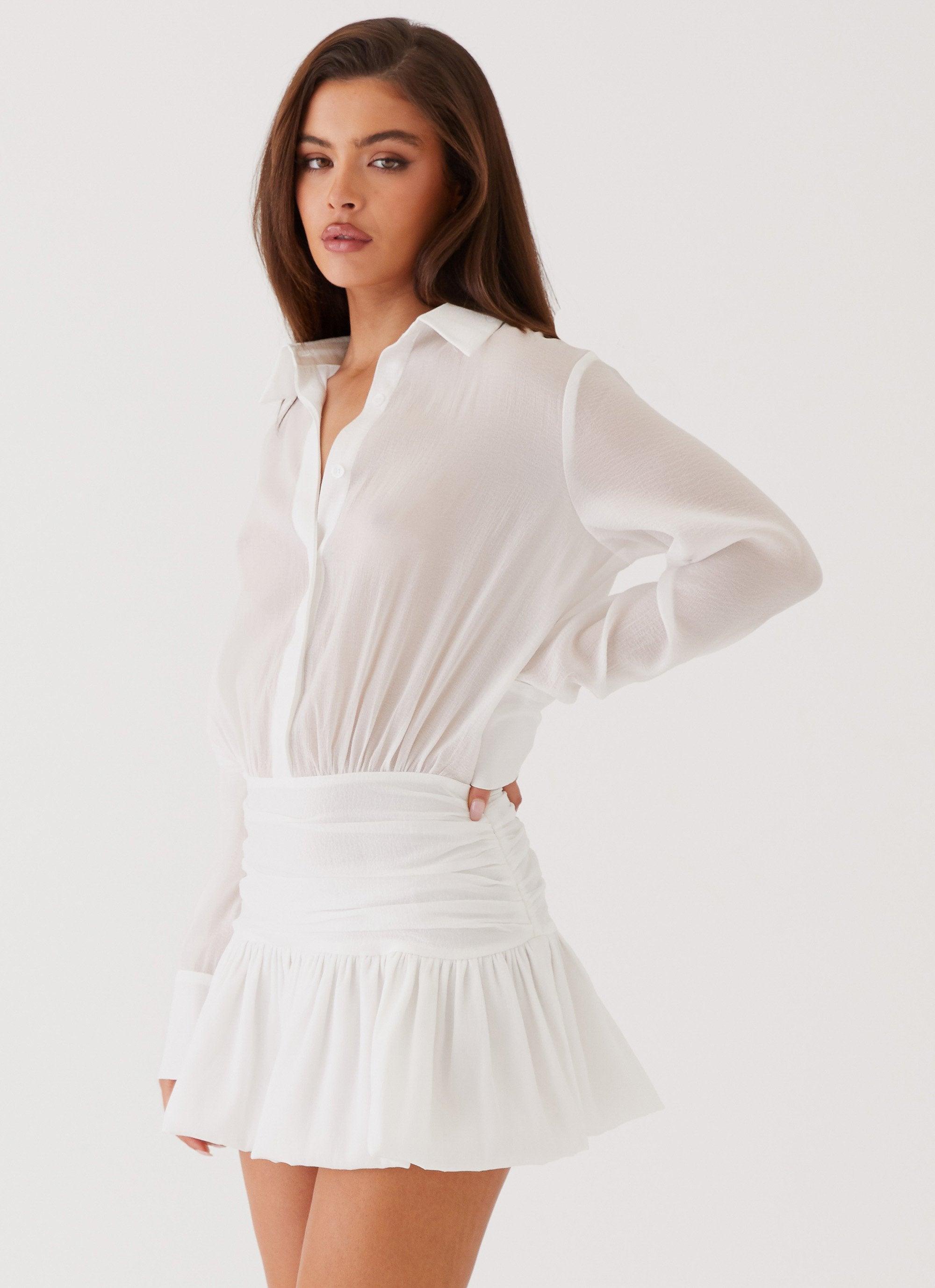 Rae Long Sleeve Shirt Dress - White Product Image