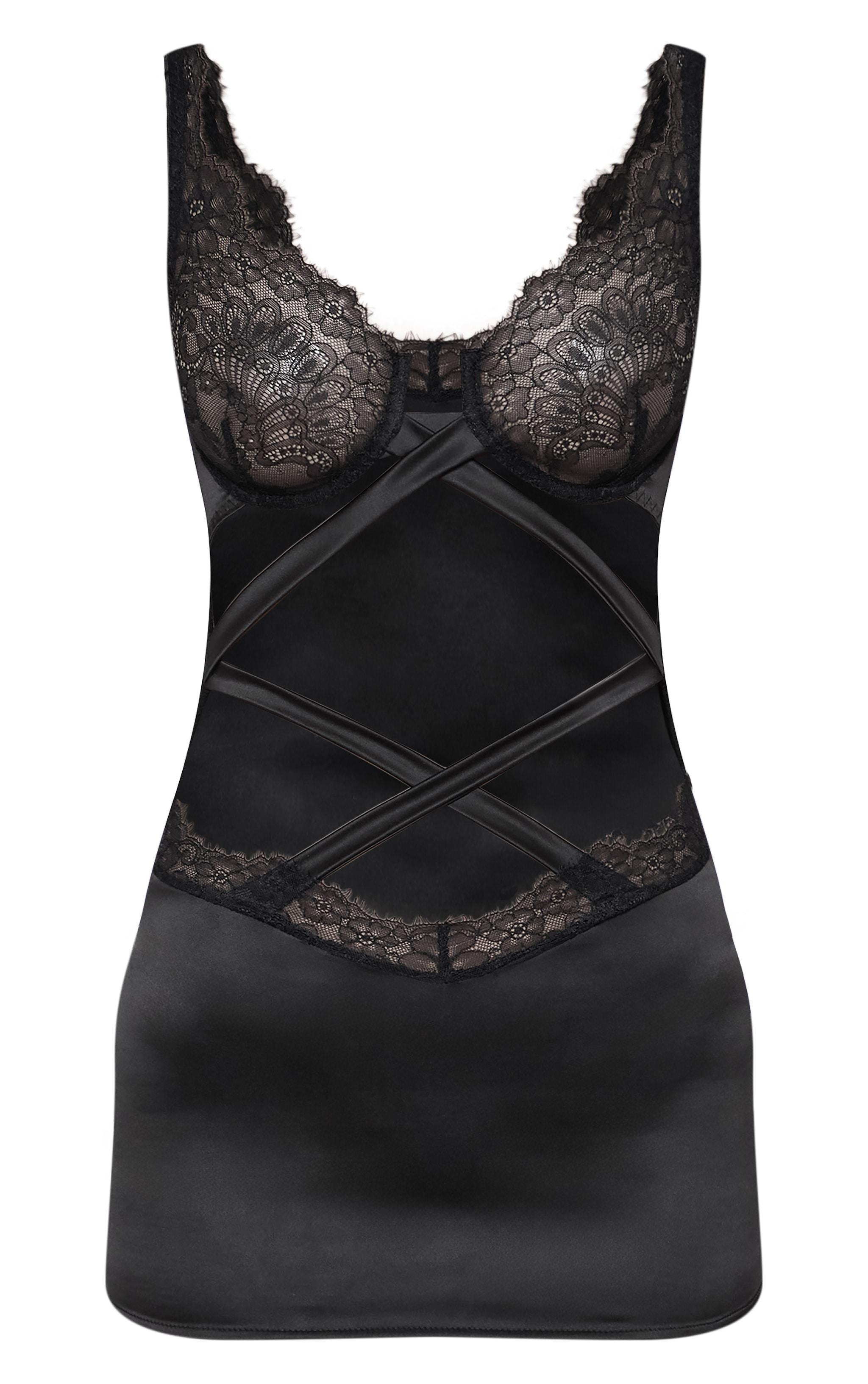 Black Satin Lace Cup Slip Dress Product Image