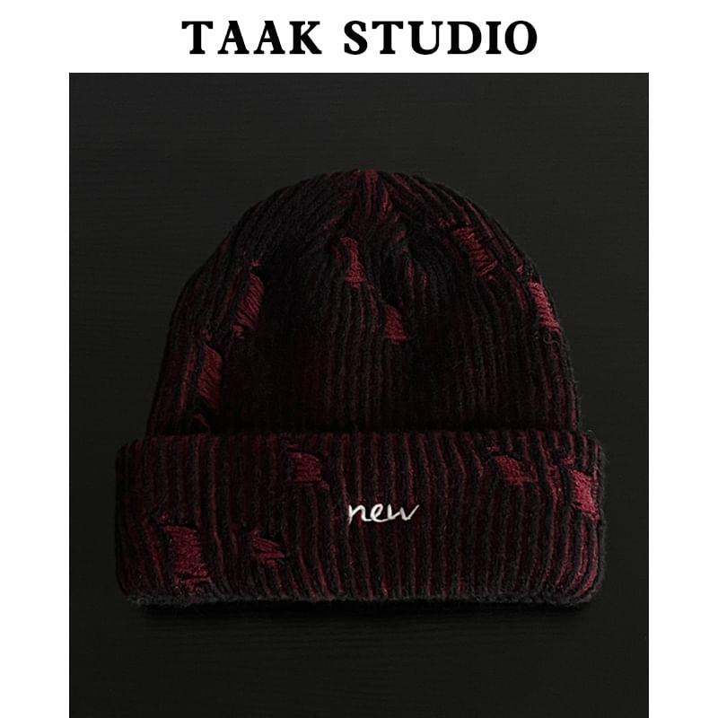 Lettering Embroidered Distressed Knit Beanie Product Image