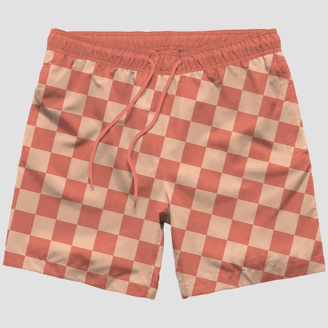 Mens Checked Swim Shorts - Coral Orange Product Image