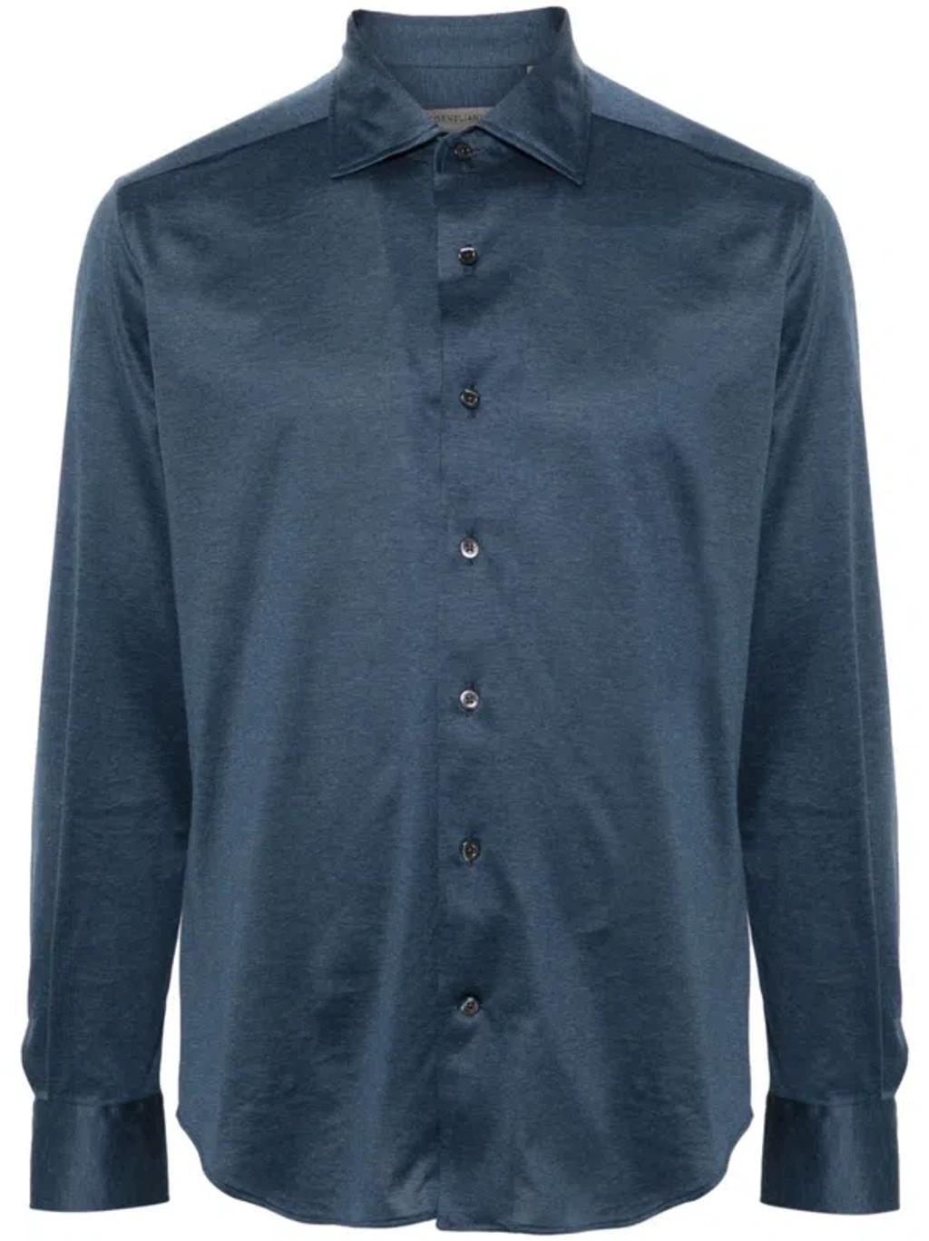 Spread-collar Cotton Shirt In Blue Product Image