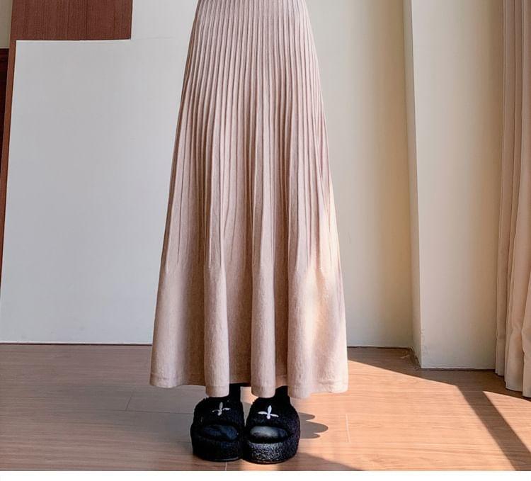 Elastic Waist Plain Midi A-Line Knit Skirt Product Image