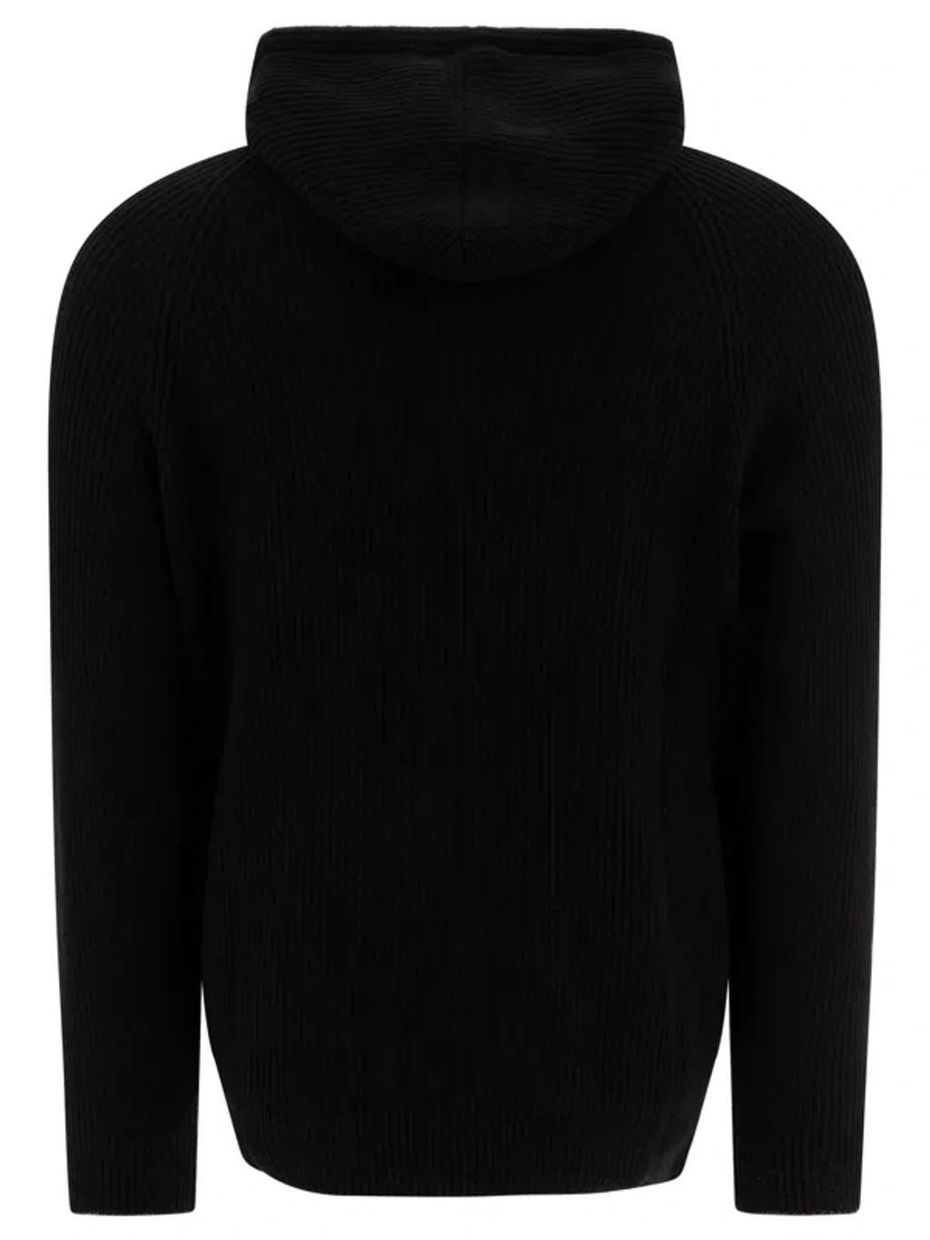 BRUNELLO CUCINELLI Ribbed Sweater With Zip And Hood In Black Product Image