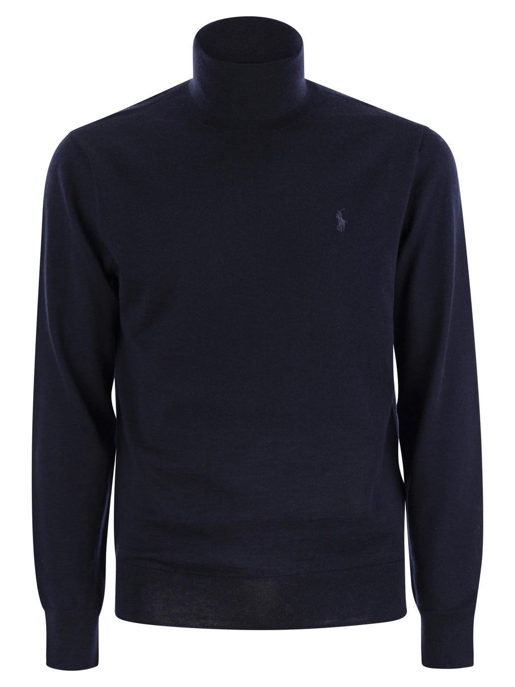 Wool Turtleneck Sweater In Navy Blue Product Image