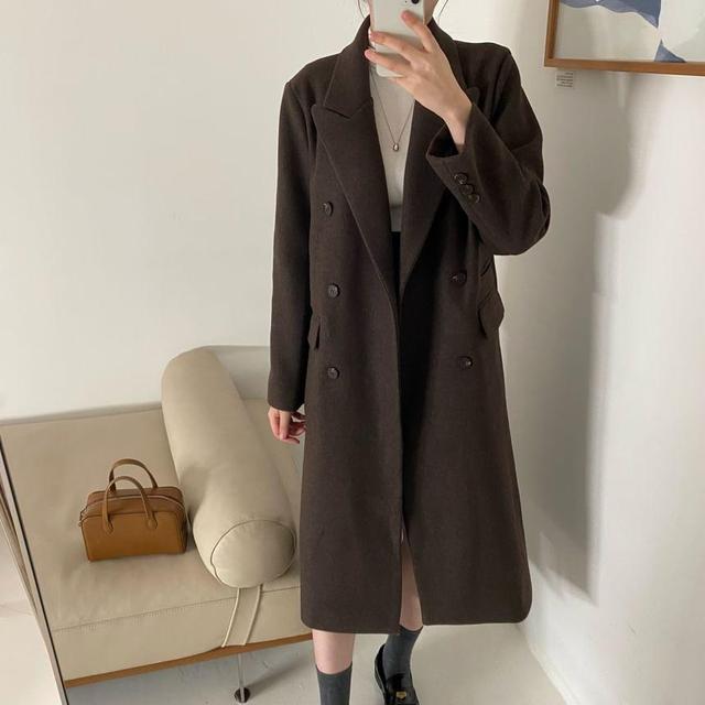 Peak Lapel Plain Midi Double Breasted Coat Product Image