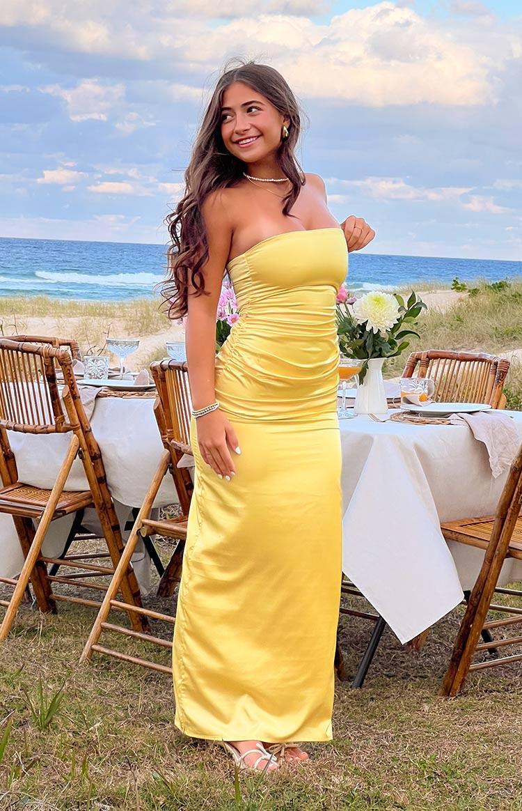 Yellow Bloom Satin Strapless Maxi Dress Product Image