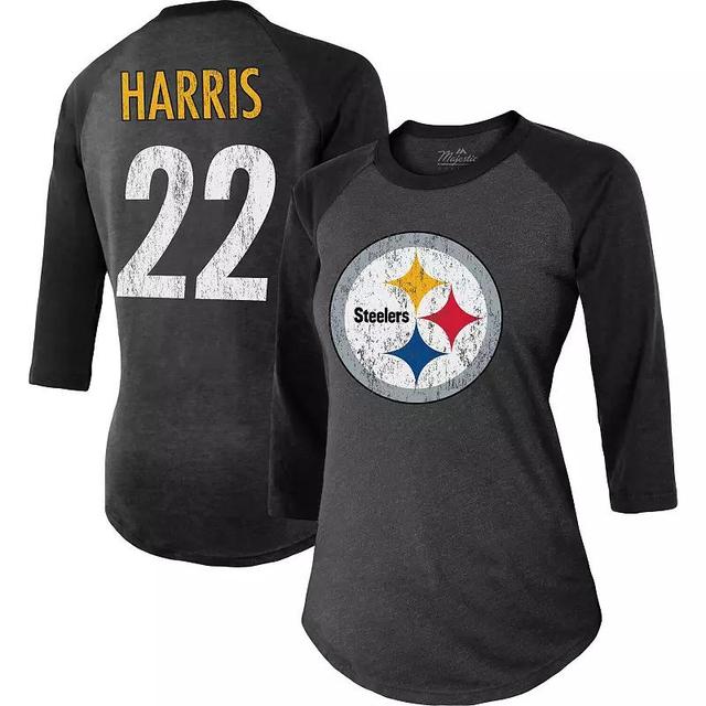 Womens Majestic Threads Najee Harris Pittsburgh Steelers Player Name & Number Raglan Tri-Blend 3/4-Sleeve T-Shirt Product Image