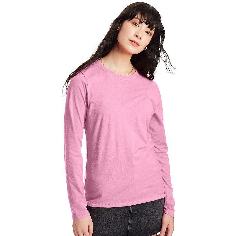 Hanes Womens Long Sleeve Cotton T-Shirt Sizzling Pink M Product Image