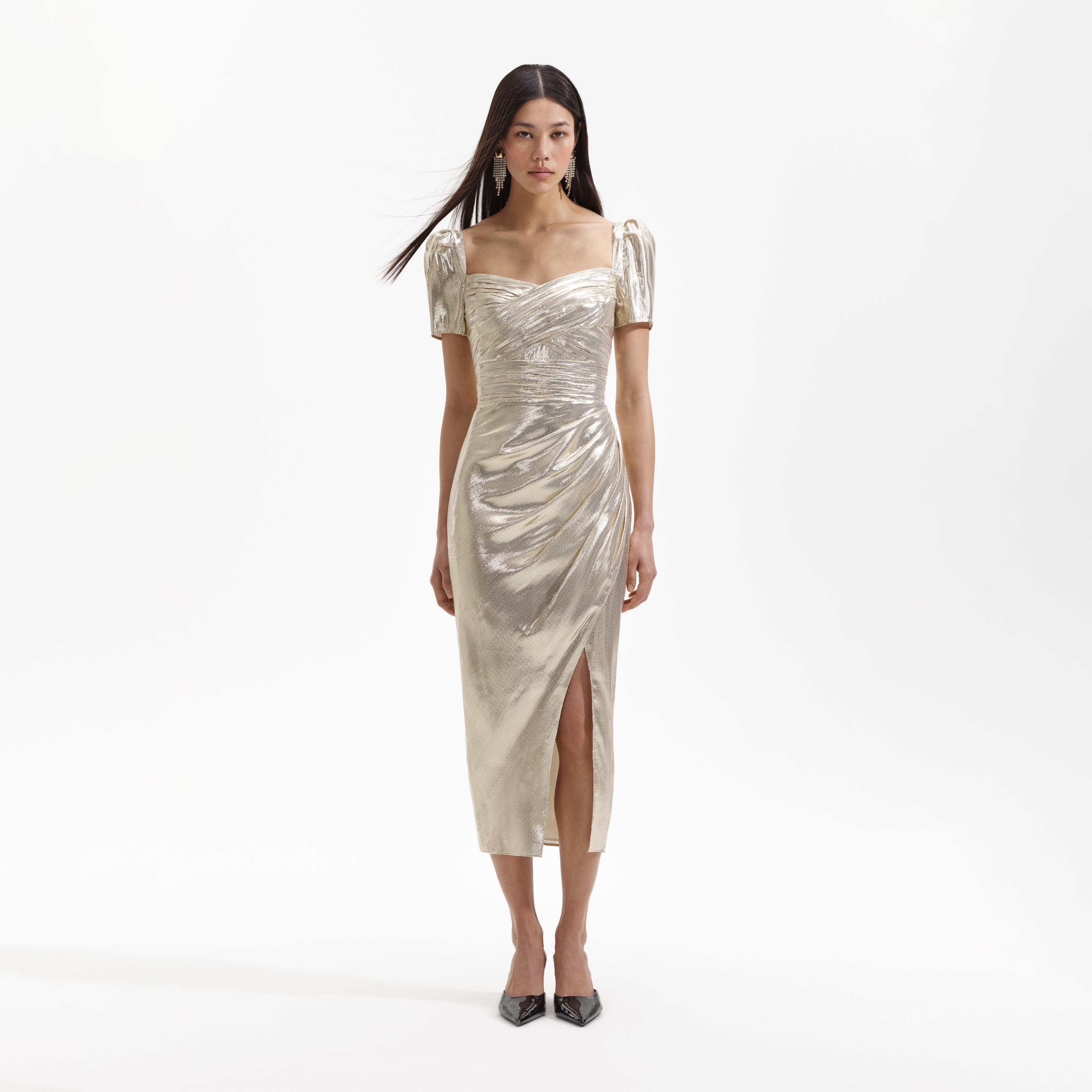 Gold Metallic Midi Dress Product Image