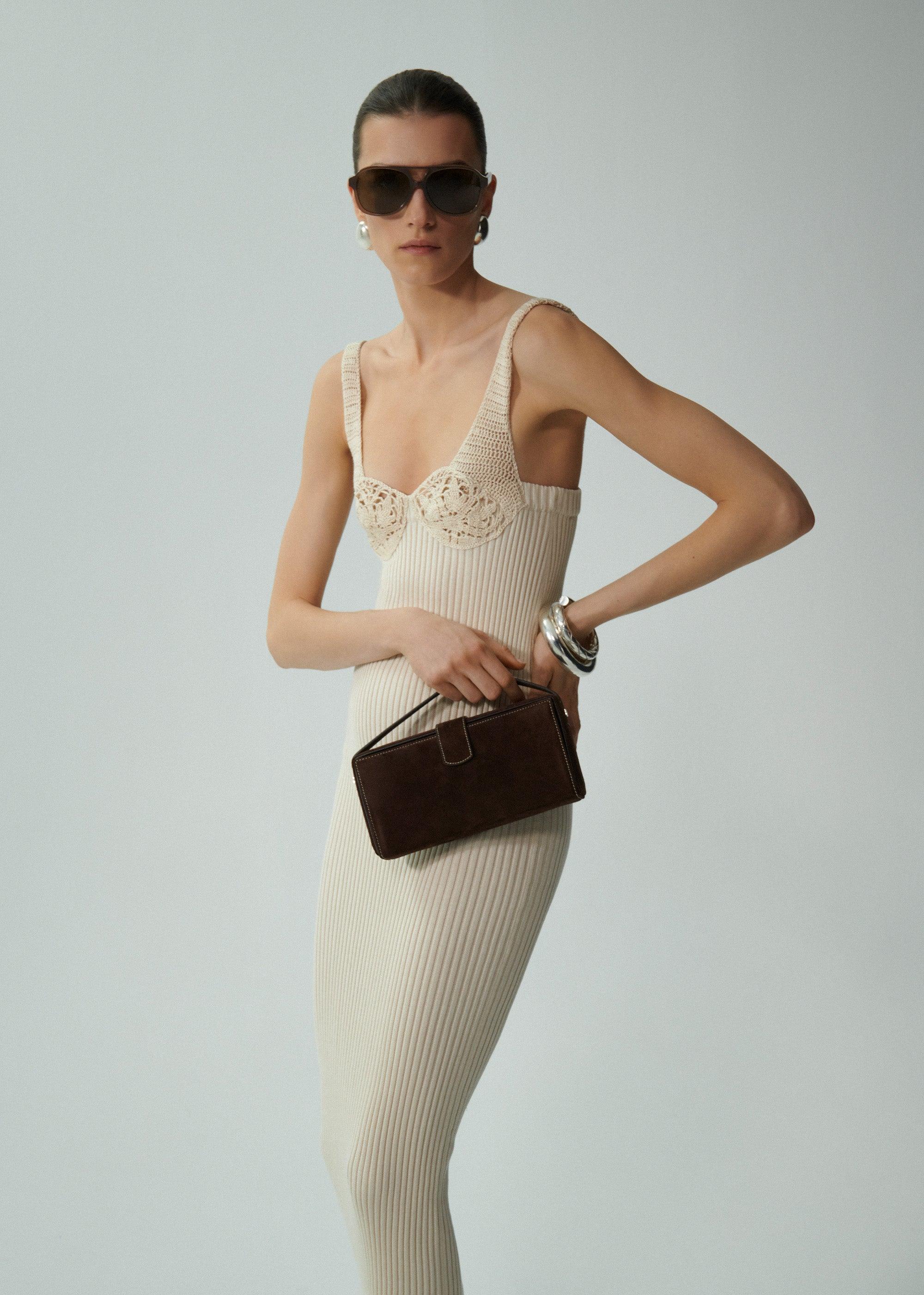 Crochet bra ribbed knit dress in cream Product Image