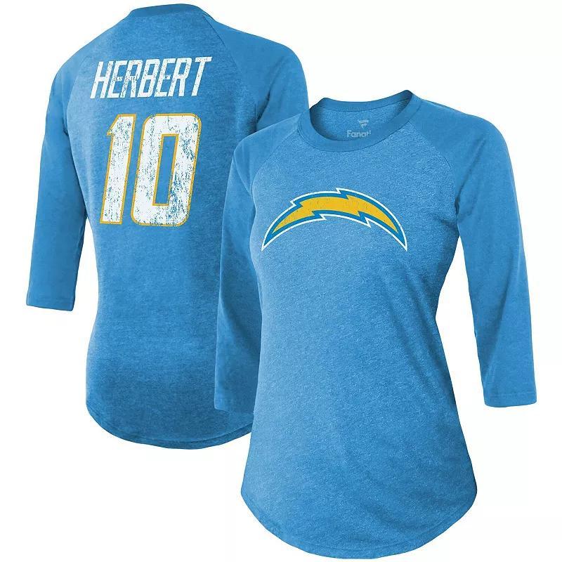 Womens Fanatics Branded Justin Herbert Powder Blue Los Angeles Chargers Team Player Name & Number Raglan 3/4-Sleeve T-Shirt Product Image