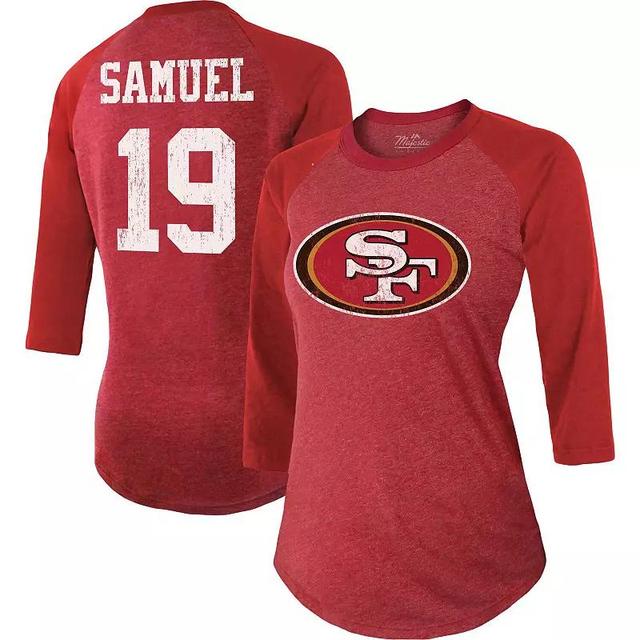 Womens Majestic Threads Deebo Samuel Scarlet San Francisco 49ers Player Name & Number Raglan Tri-Blend 3/4-Sleeve T-Shirt Product Image