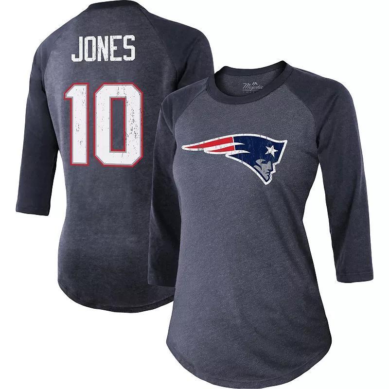 Womens Majestic Threads Mac Jones New England Patriots Player Name & Number Raglan Tri-Blend 3/4-Sleeve T-Shirt Blue product image