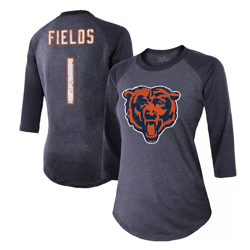 Womens Majestic Threads Justin Fields Navy Distressed Chicago Bears Player Name and Number Tri-Blend 3/4-Sleeve Fitted T-shirt Product Image