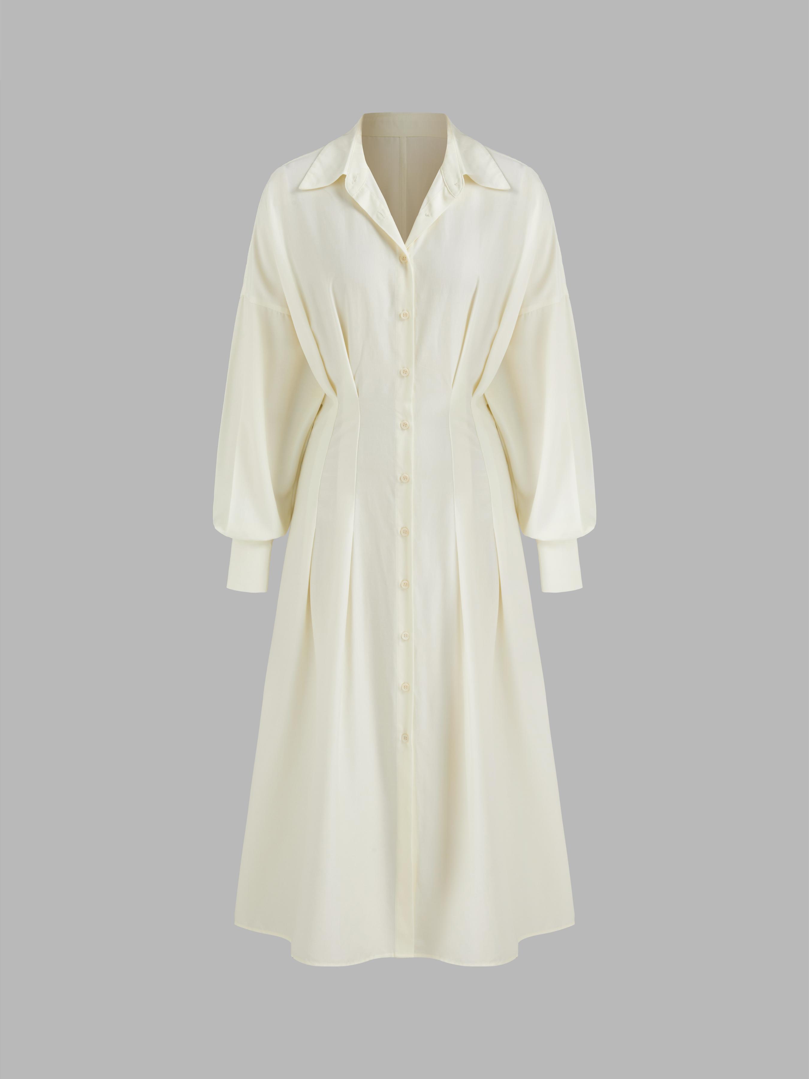 Collar Solid Pleated Button Midi Shirt Dress product image