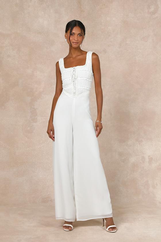 Majorly Iconic White Swiss Dot Ruffled Lace-Up Jumpsuit Product Image