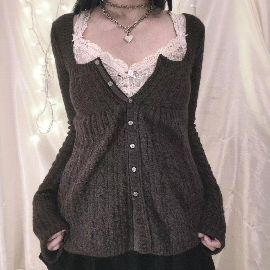 Long Sleeve Square-Neck Plain Cable-Knit Button-Up Loose-Fit Knit Top Product Image