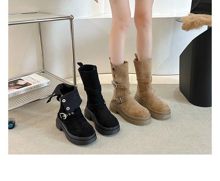 Platform Buckled Button Faux Suede Mid Calf Boots Product Image