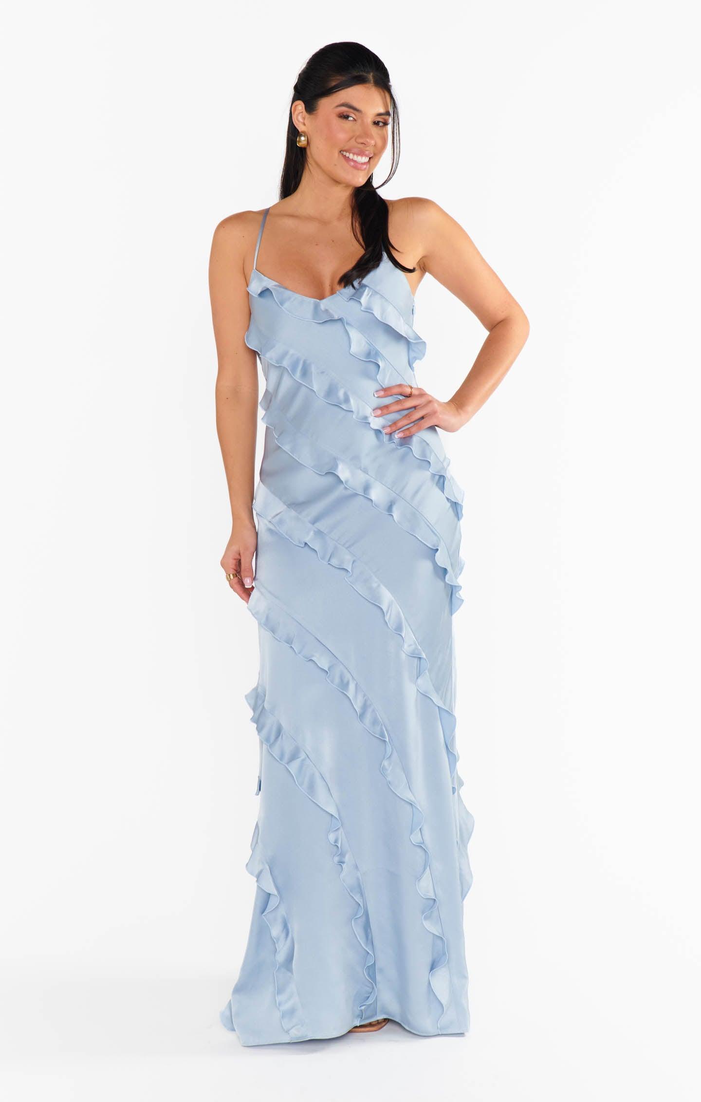 Romance Ruffle Dress ~ Steel Blue Luxe Satin Product Image