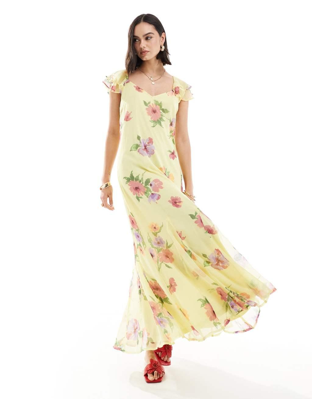 Vero Moda frill sleeve maxi dress in lemon floral Product Image