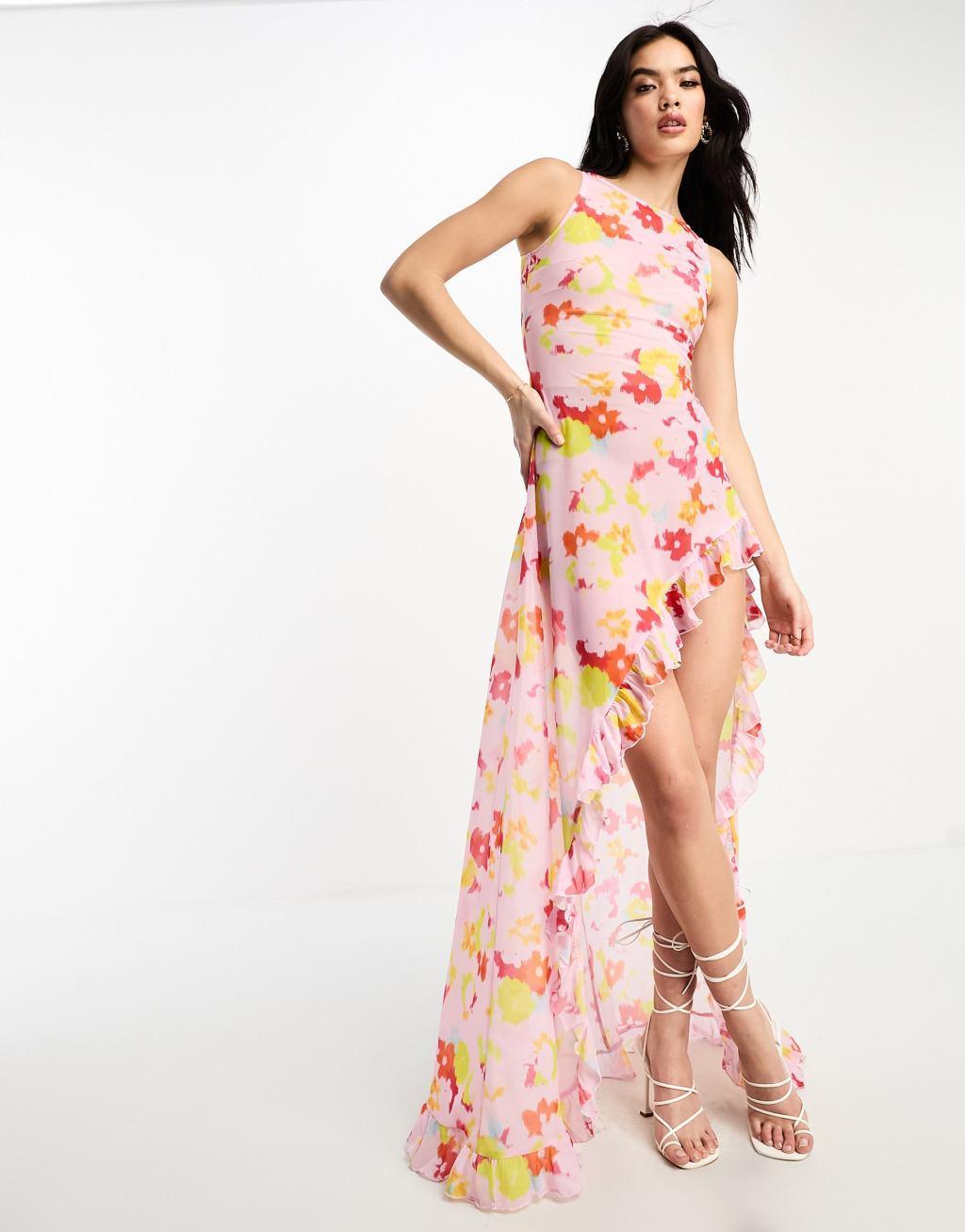 Annorlunda blurred acid floral print sheer chiffon maxi dress in pale pink Product Image