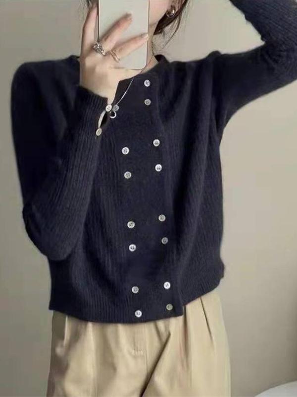 Urban Long Sleeves Buttoned Solid Color Round-Neck Cardigan Tops Product Image