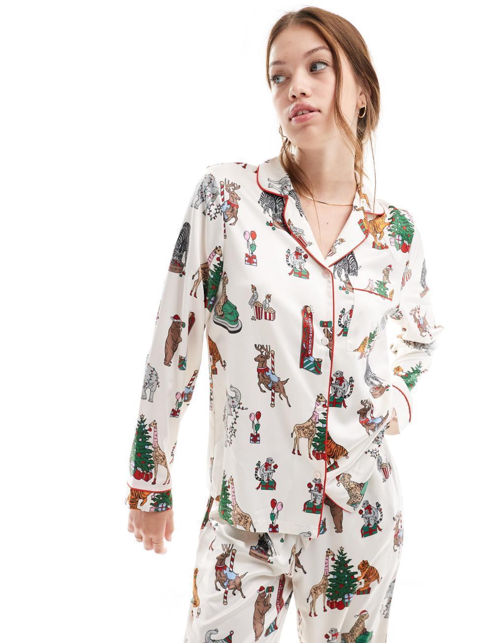 Chelsea Peers Christmas satin circus print long sleeve top and pants pajama set in cream Product Image