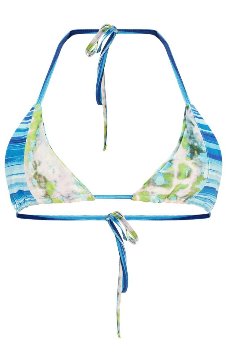 Blue Contrast Print Triangle Bikini Top Product Image