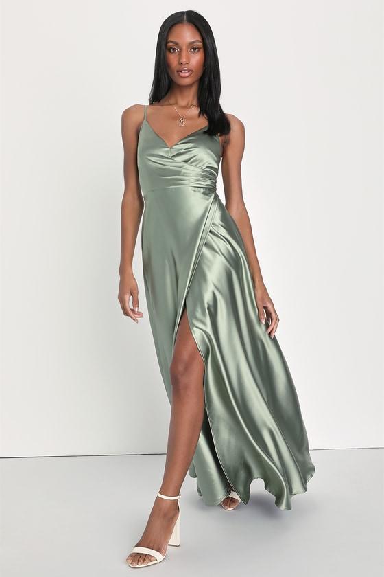 Shades of Love Sage Green Satin Faux-Wrap Maxi Dress product image