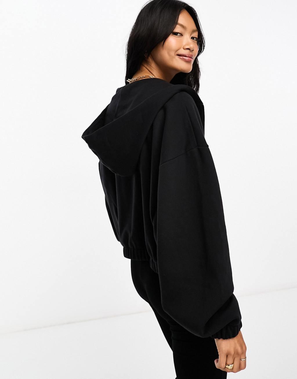 ASOS DESIGN oversized zip through crop hoodie in black Product Image