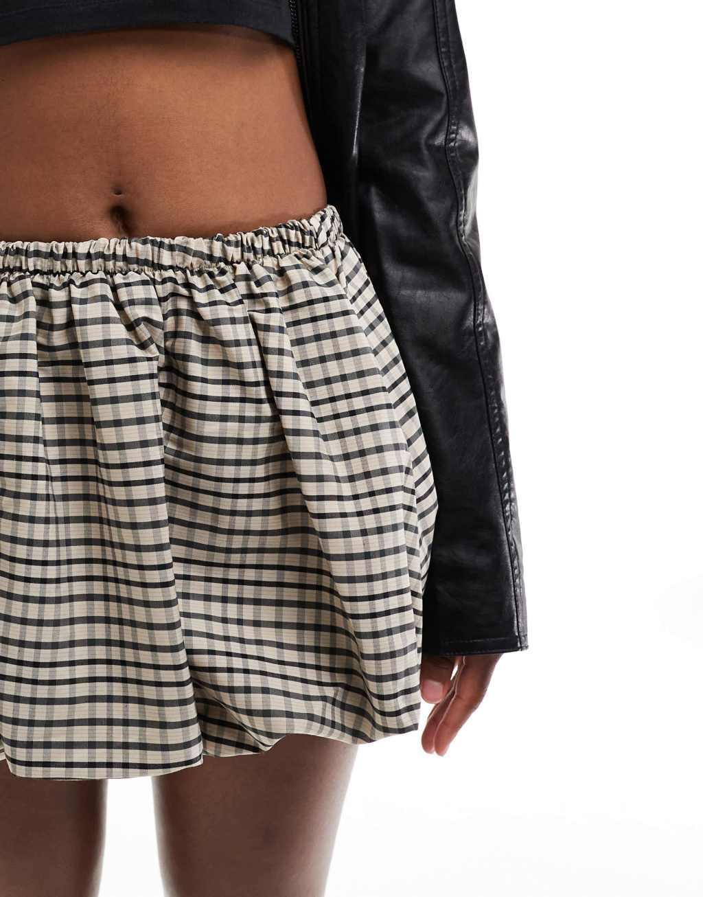 Bershka puffball mini skirt in brown plaid Product Image